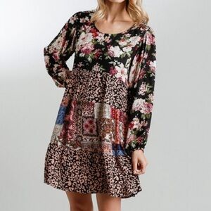 Umgee Multicolor Mixed Print Patchwork Round Neck Long Sleeve Boho Mini Dress M‎